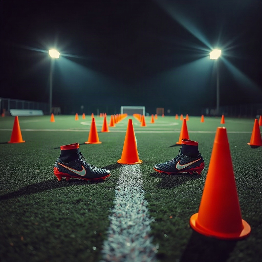 Football cones on turf under floodlights