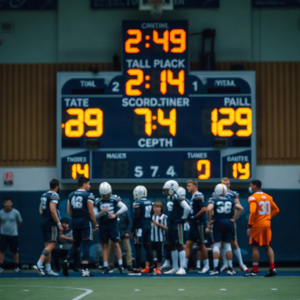 Players huddling near a scoreboard
