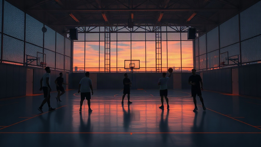 Indoor court warm-up under ember and navy lighting